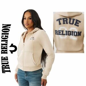 True Religion Hoodie Zip Up Kangaroo Pocket Sz M Tan Granolagirl Streetwear Core